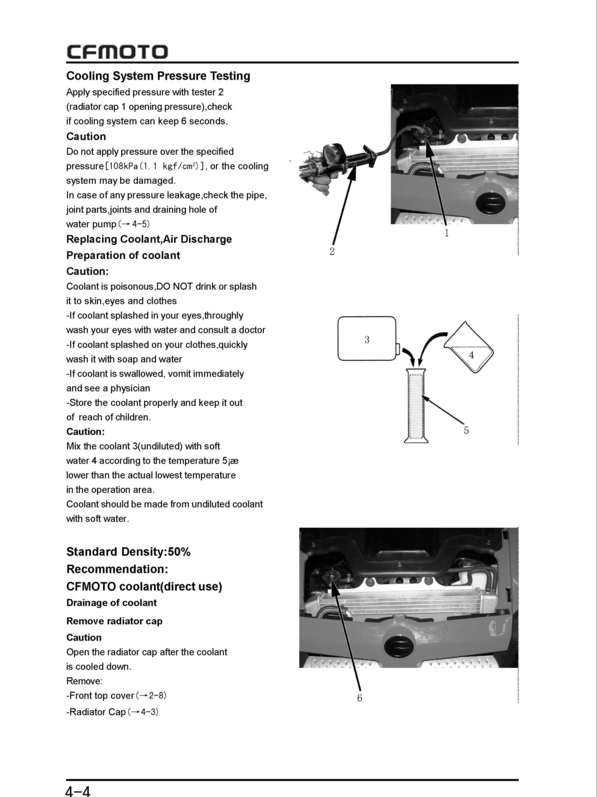 Technical manual page on cooling system pressure testing for CFMOTO vehicles, with text and diagrams.