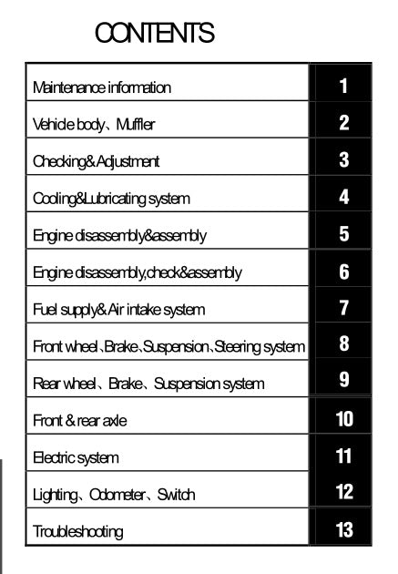 Table of contents for a vehicle maintenance manual with numbered sections.