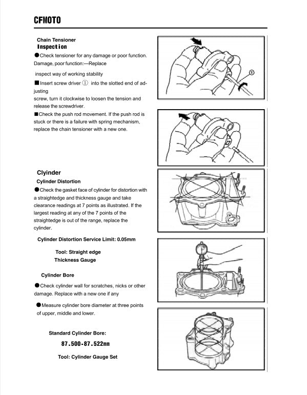 Technical manual page with chain tensioner and cylinder inspection instructions.