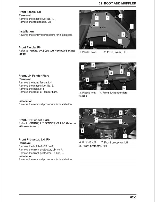 Technical diagram for car body and muffler removal and installation with labeled parts.