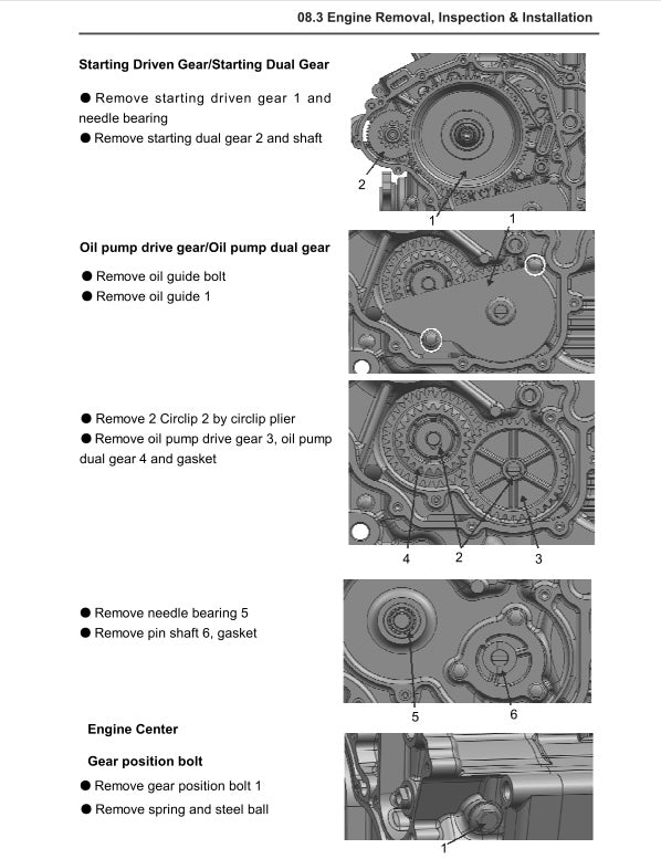 Technical diagram of engine removal and installation process with labeled steps and close-up views.