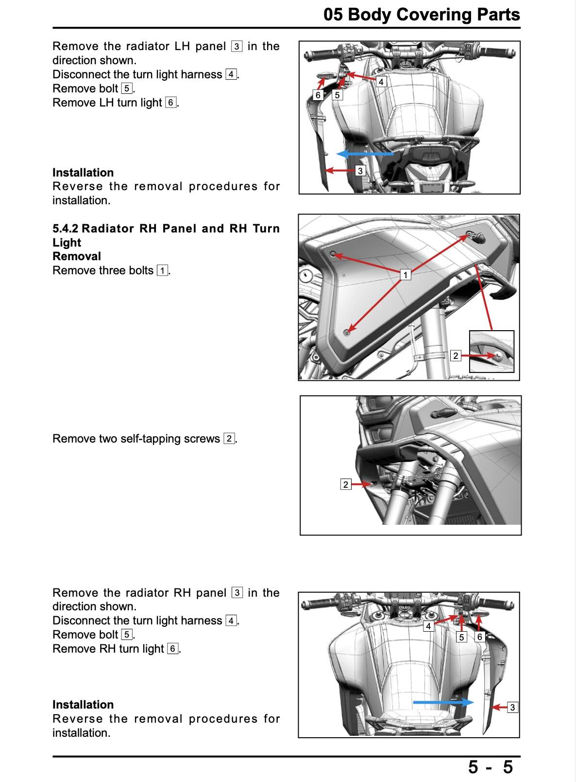 CFMOTO IBEX 450 MT service manual page 5-5 body covering parts with radiator LH and RH panel removal procedures, turn light connector disconnect, bolt removal location diagrams, and self-tapping screw installation for front fairing panels