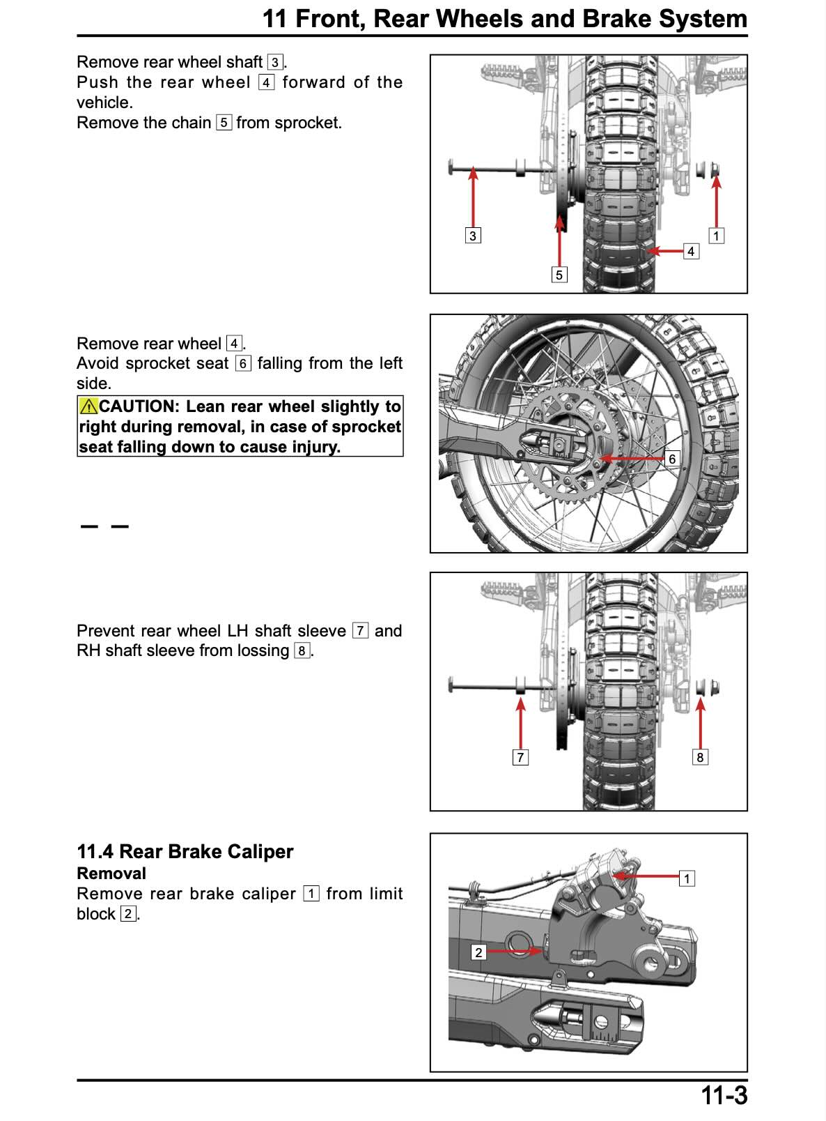 CFMOTO IBEX 450 MT service manual page 11-3 front, rear wheels and brake system with rear wheel shaft removal, chain sprocket removal, rear wheel and brake caliper removal procedures, caution for sprocket seat safety, and shaft sleeve protection notes