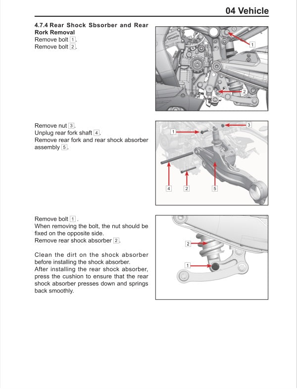 Technical diagram and instructions for removing a rear shock absorber and rear fork from a vehicle.