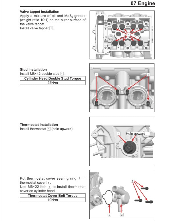 Technical diagram of engine installation steps with labeled parts and text instructions.
