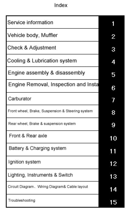 Index page with service information categories for vehicle maintenance.
