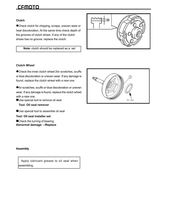 Technical manual page for clutch and clutch wheel inspection and replacement with diagrams and text.