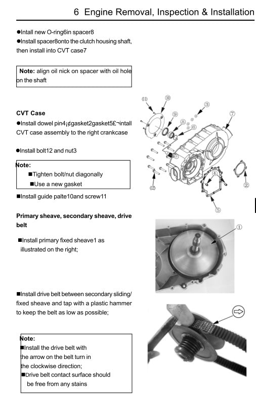 Technical diagram and instructions for CVT (Continuously Variable Transmission) removal, inspection, and installation.