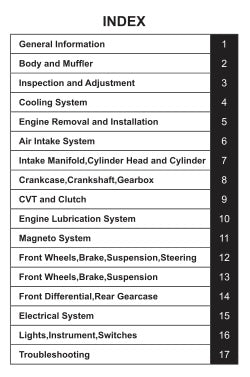 Table of contents index for a mechanical manual on various vehicle systems.
