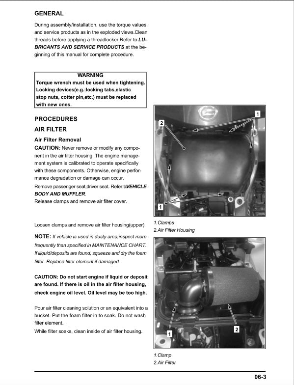 Technical manual page with instructions on air filter removal and installation, featuring images of a vehicle's engine bay.
