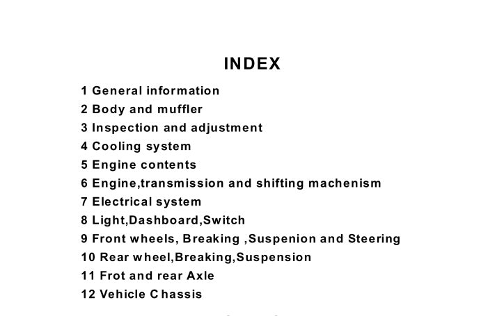 Index page with text listing sections of a vehicle manual on a white background