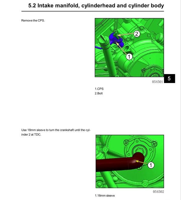 Technical diagram of an engine with text instructions on removal and turning the crankshaft.