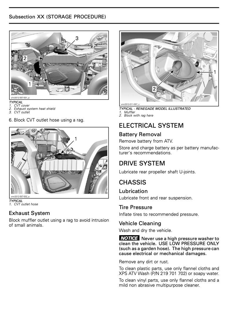 Technical manual page with illustrations and text on storage procedure, electrical system, and vehicle care.