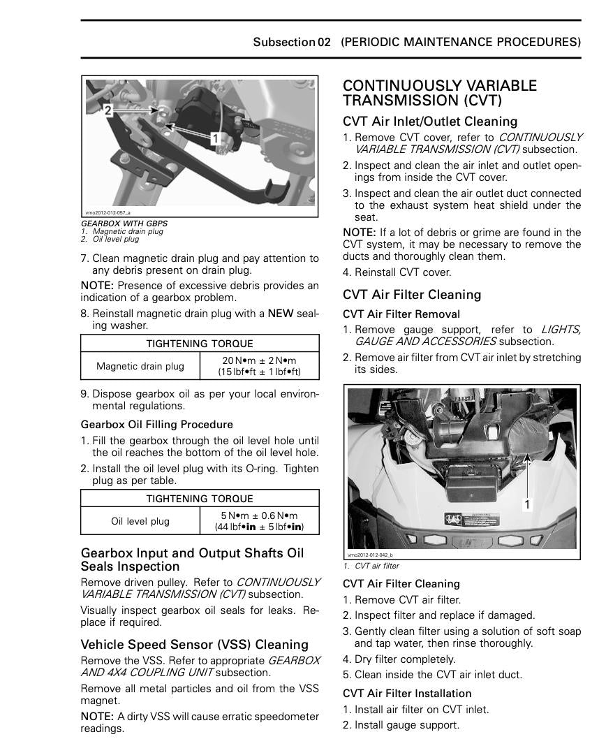 Technical manual page on continuously variable transmission (CVT) and air filter cleaning procedures.