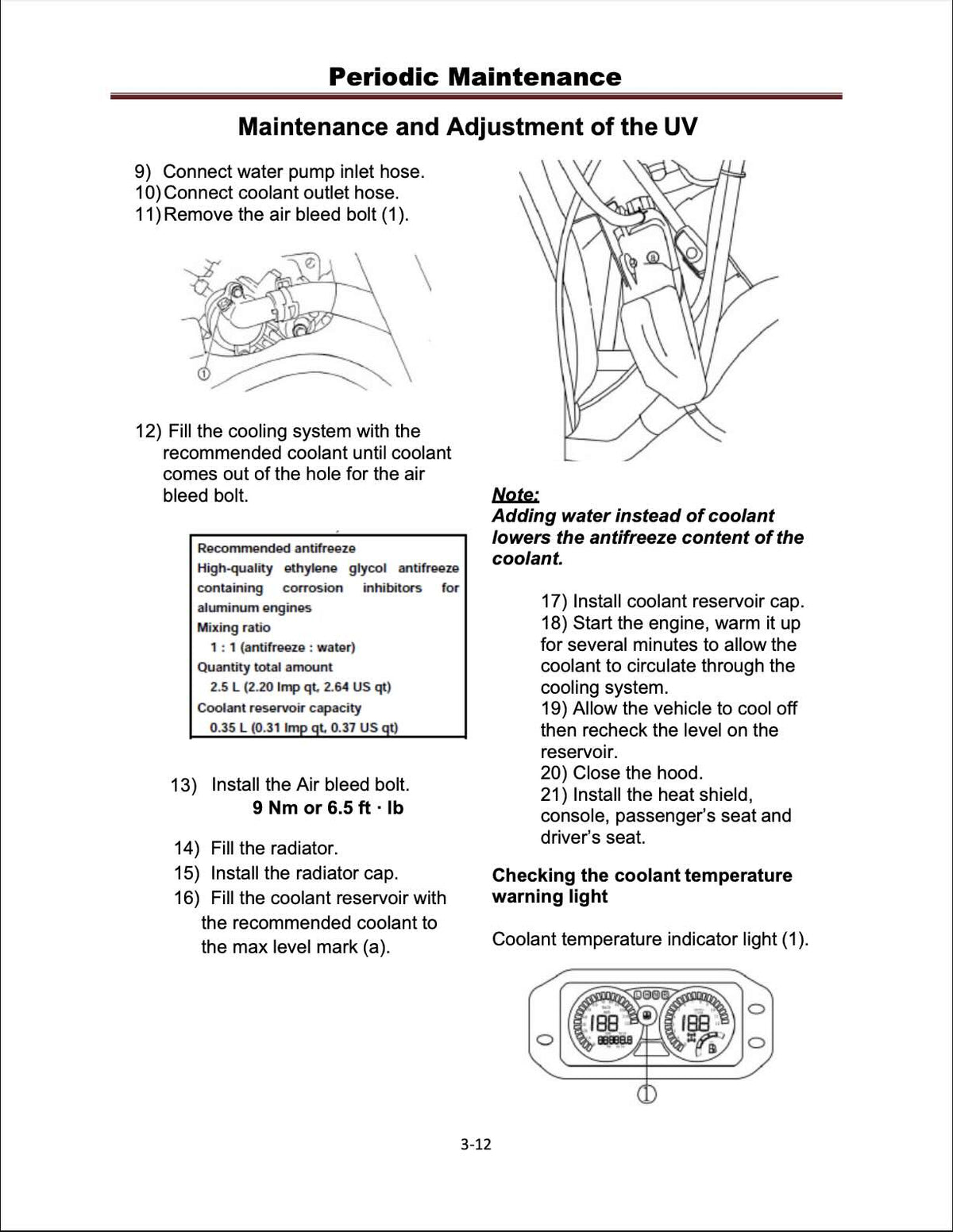 Cub Cadet Challenger service manual page with cooling system air bleed bolt and coolant reservoir fill diagrams