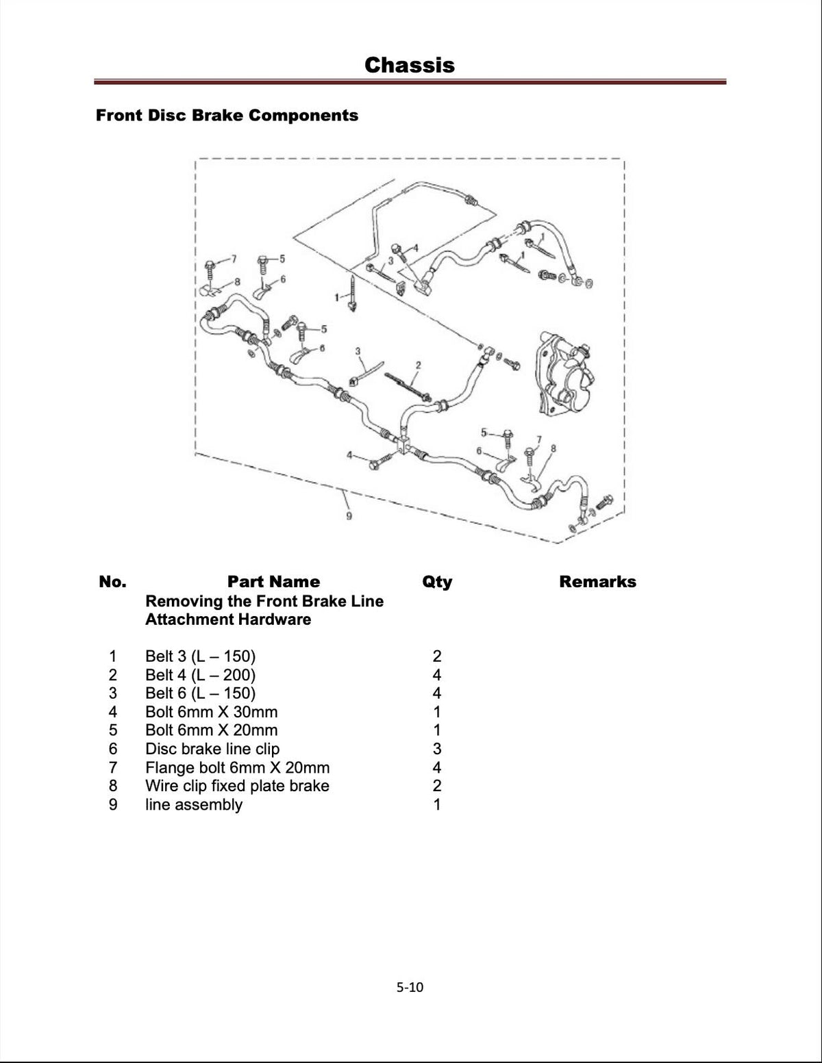 Cub Cadet Challenger service manual page with front disc brake line components exploded diagram and parts list