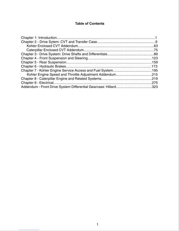 Table of contents for a technical book or manual on automotive systems.