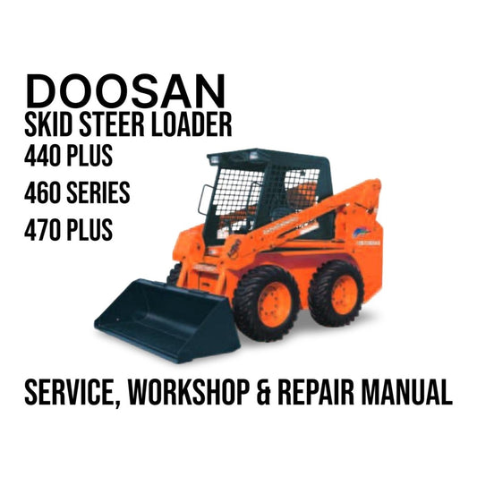 Doosan skid steer loader with text about service, workshop, and repair manual on a white background