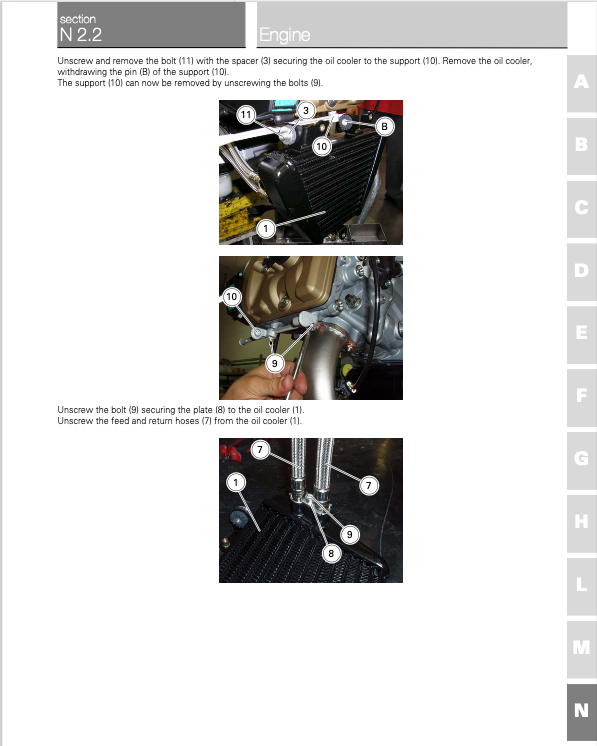 A technical service manual page showing how to remove a bolt from an engine component, with labeled photos of a car engine part and instructional text.