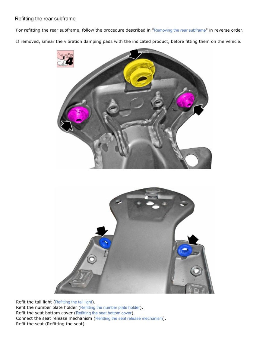 Technical diagram of a car's rear subframe with labeled bolts and text instructions.