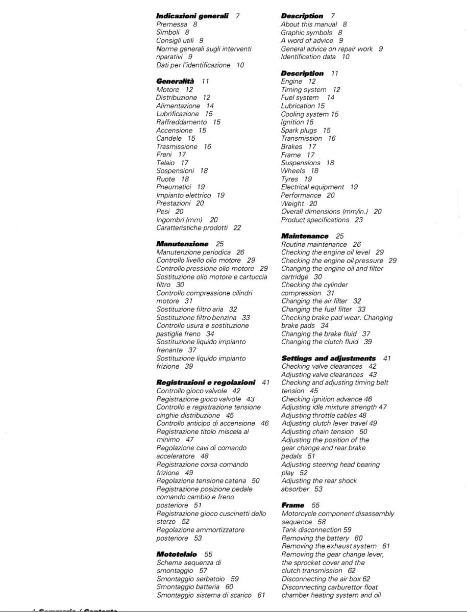 Table of contents or index page with text in Italian on a white background