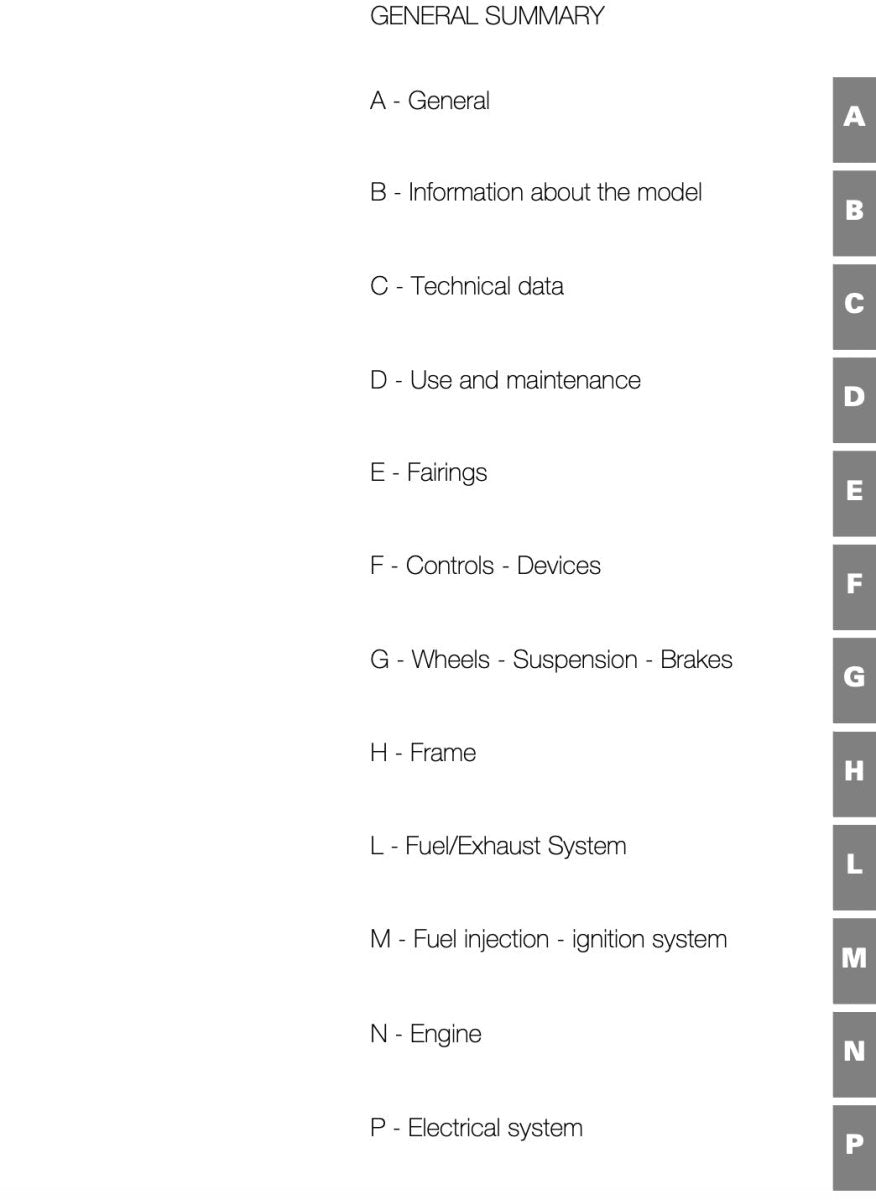 Table of contents for a technical manual on a white background