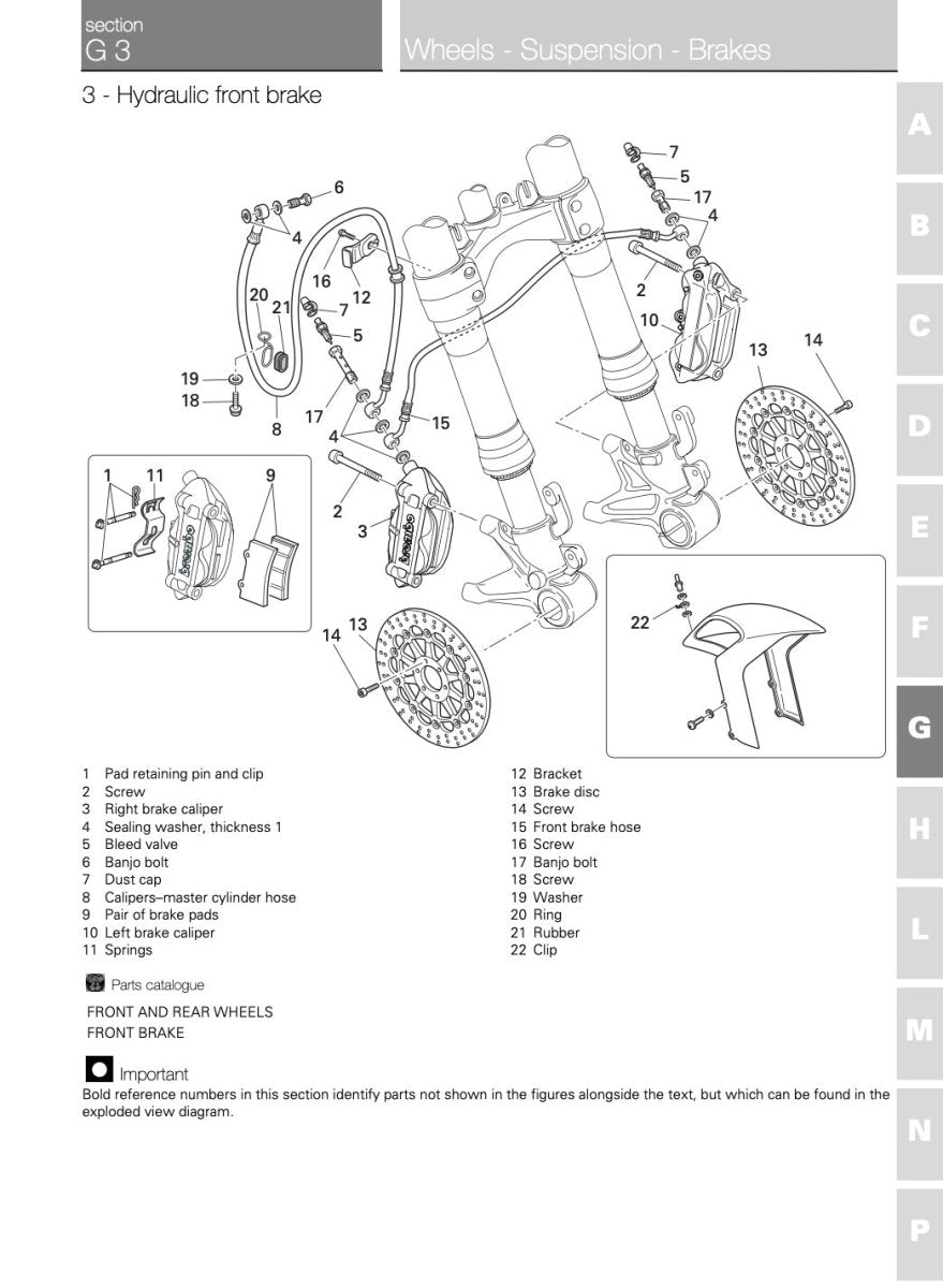 Technical diagram of a motorcycle's hydraulic front brake system with labeled parts.
