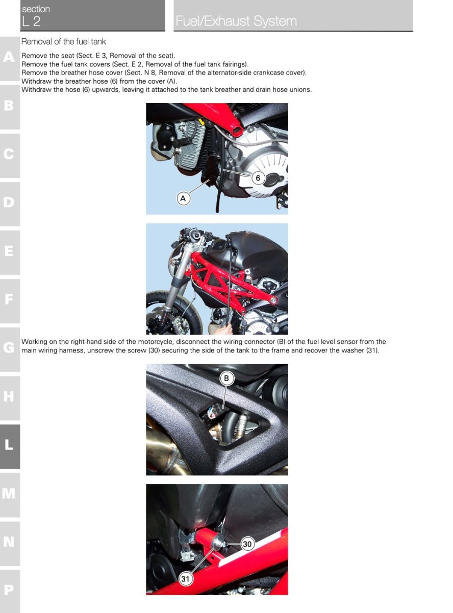 Technical diagram of a motorcycle fuel system with text instructions on a white background.