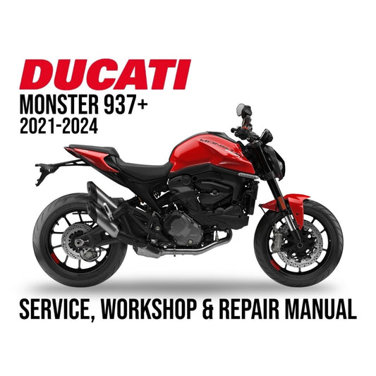 Ducati Monster 937+ motorcycle with service, workshop & repair manual text on a white background