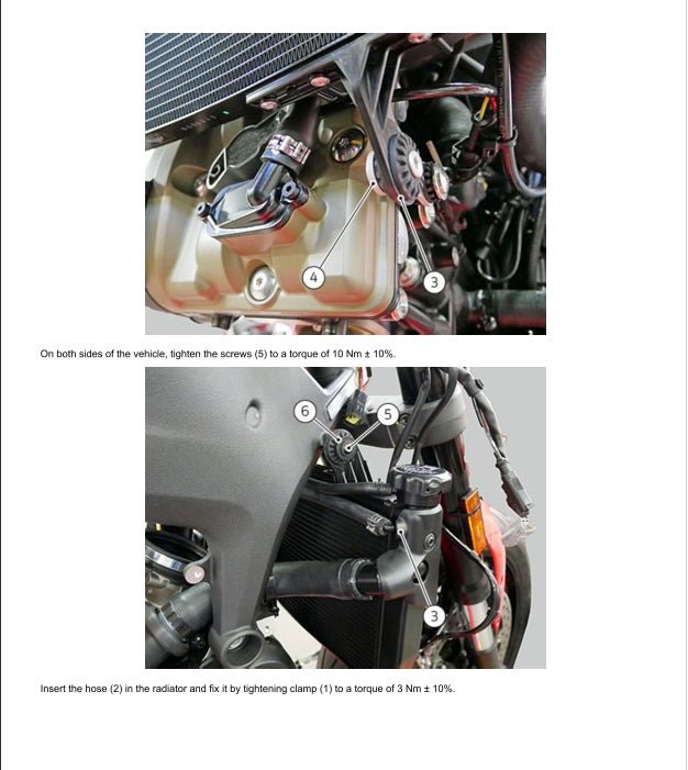 Technical diagram of a motorcycle radiator with labeled parts and instructions.