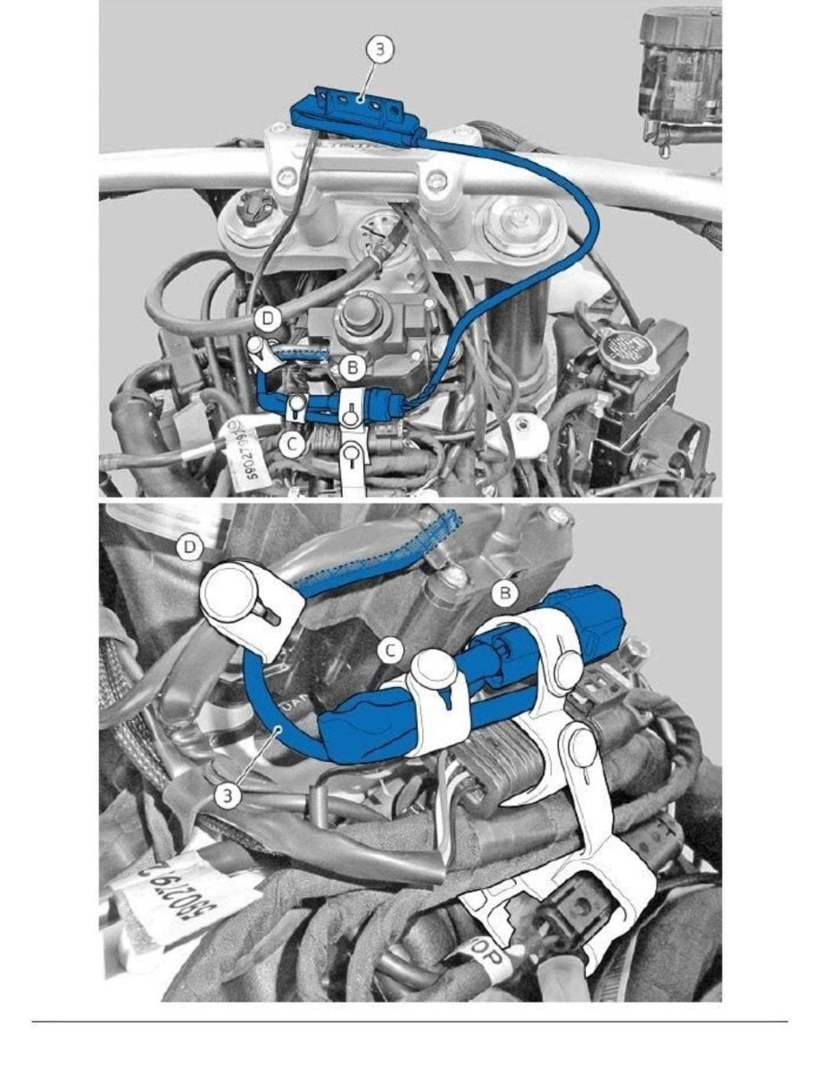 Technical diagram of a mechanical assembly with blue connectors on a gray background