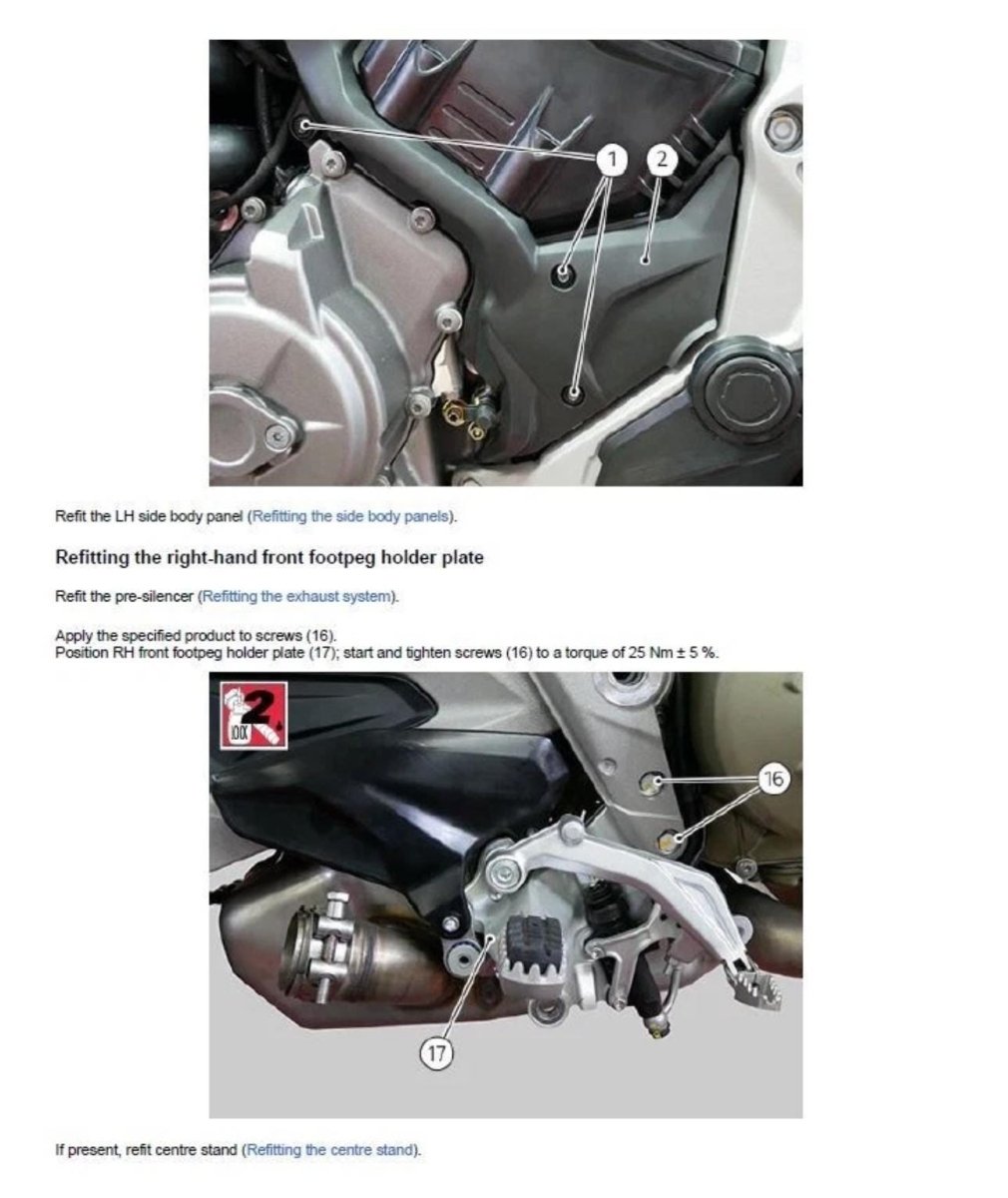 Technical diagram of motorcycle components with text instructions on refitting parts.