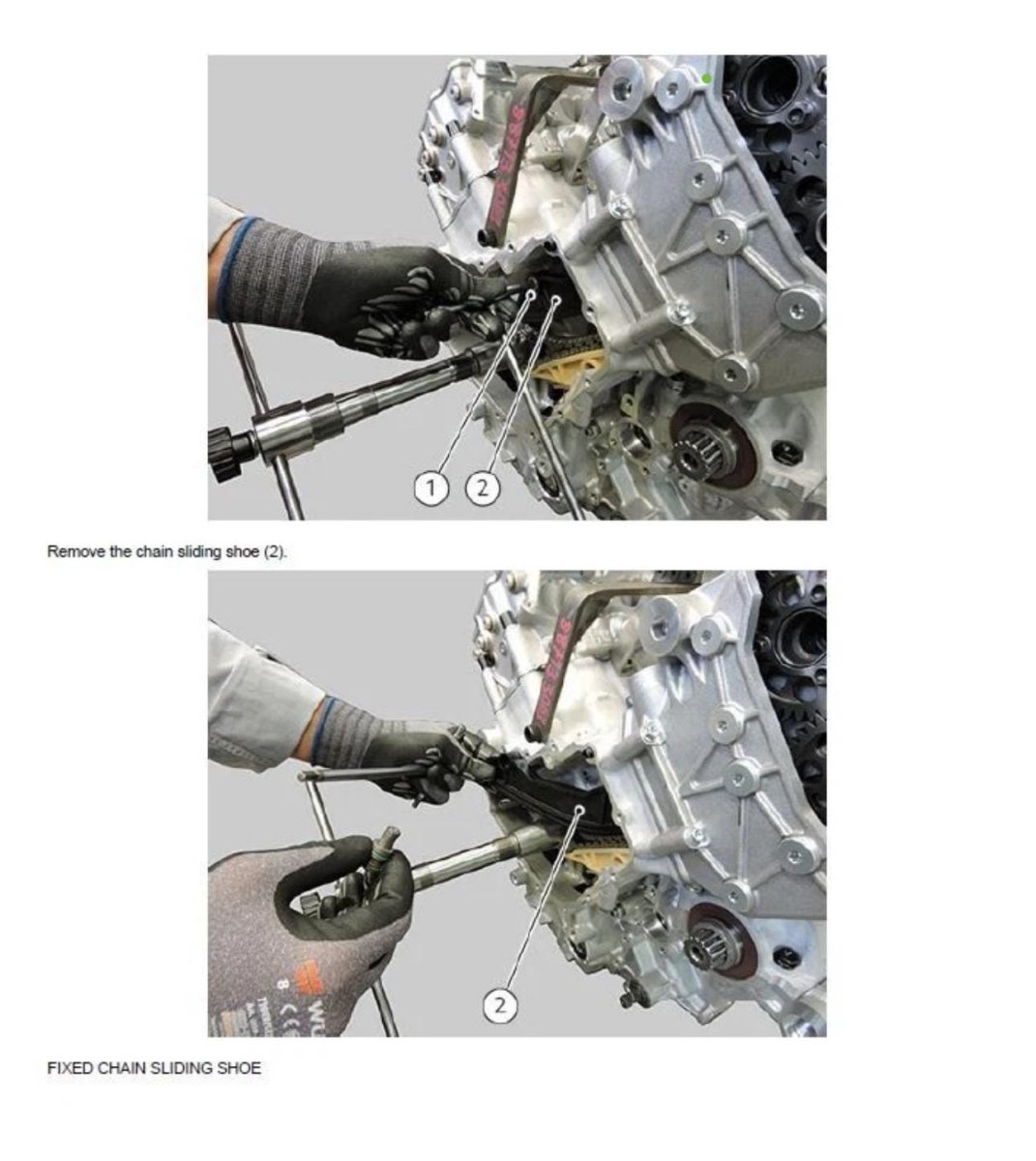 Step-by-step process of removing a chain sliding shoe from a mechanical component.