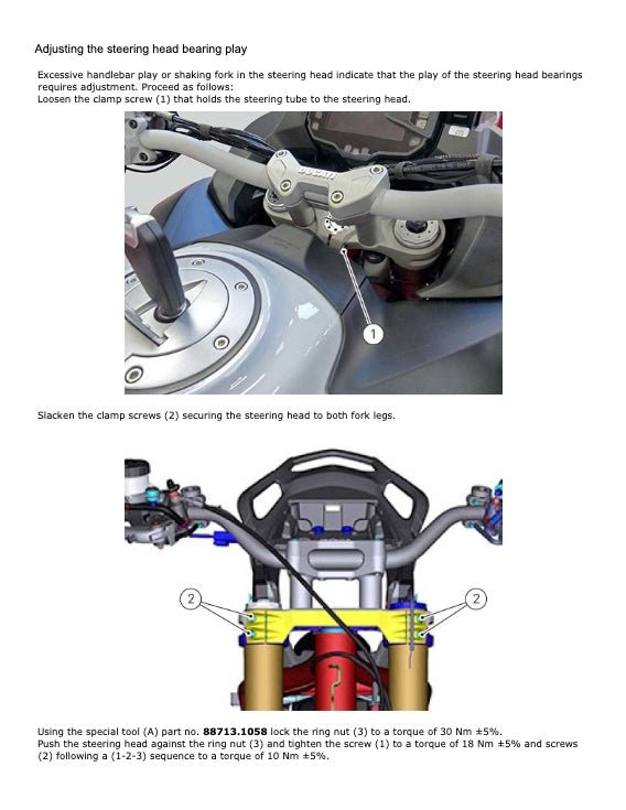 Technical diagram and close-up of motorcycle steering head assembly with text instructions.