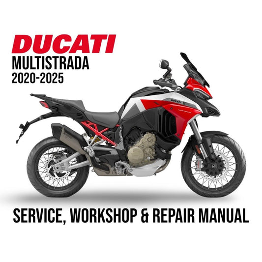 Ducati Multistrada motorcycle with text about a service, workshop, and repair manual for years 2020-2025.
