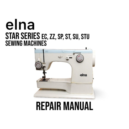 Sewing machine with 'elná' branding on a white background, featuring text about repair manual for various models.