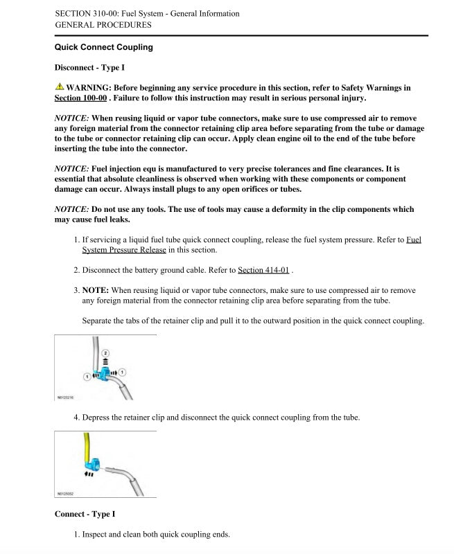 Technical document on quick connect coupling procedures for a fuel system, with text and diagrams.
