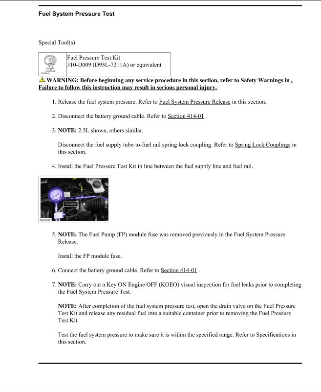 Technical document detailing a fuel system pressure test with instructions and warnings.