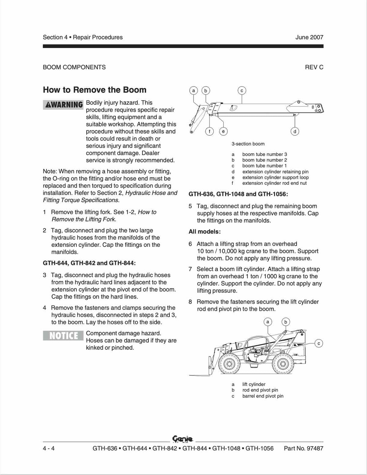 A technical repair procedure page from a service manual, titled 'How to Remove the Boom', with numbered steps, diagrams, and component labels for GTH-636, GTH-646, GTH-684, GTH-694, GTH-1048, and GTH-1056.