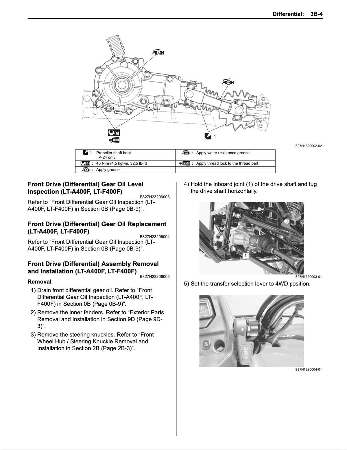 Suzuki LT-F400 KingQuad service manual page 3B-4 with front differential diagram and drive shaft removal photos