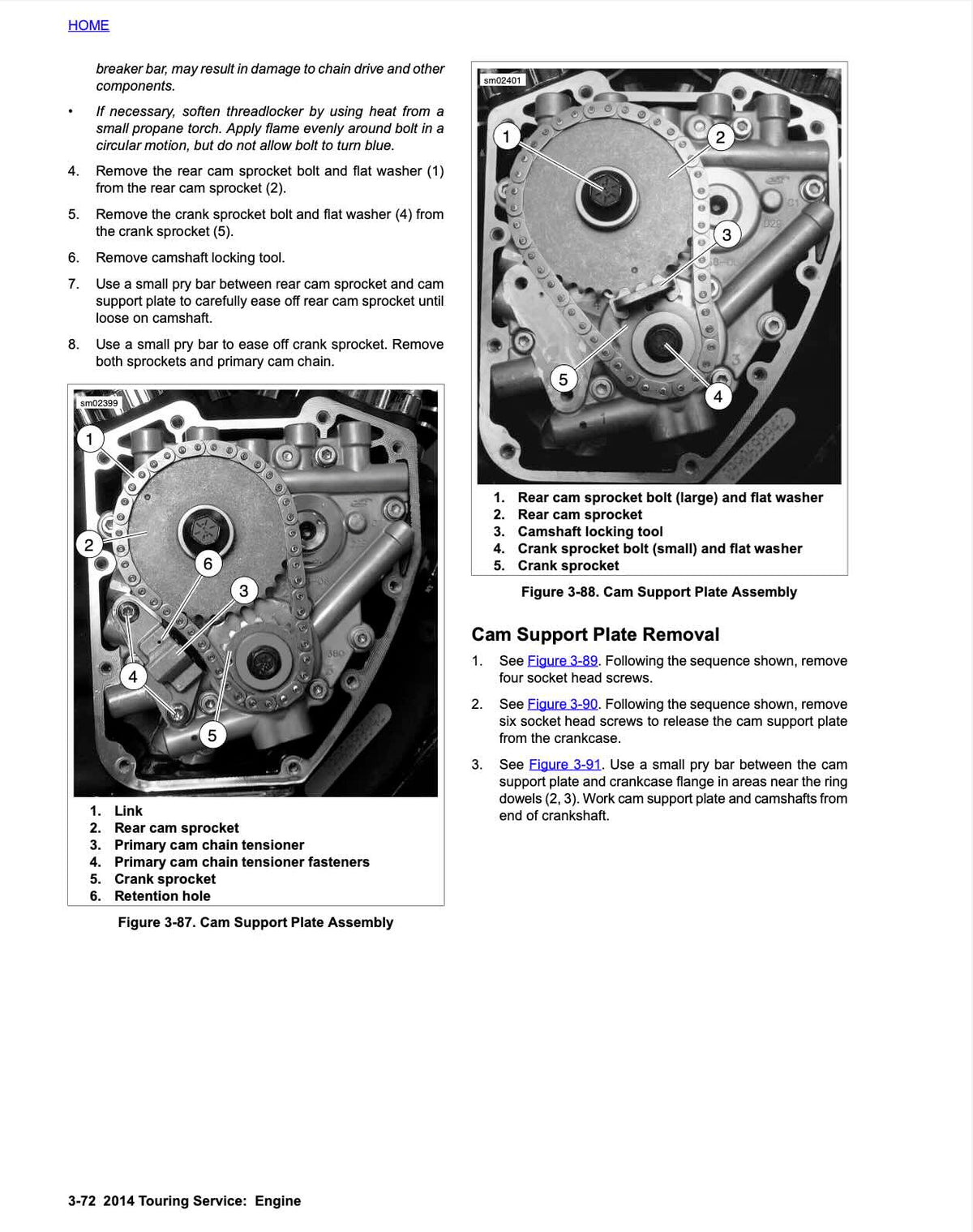 Technical service manual page showing labeled assembly diagrams for an engine cam support plate and cam support plate removal, with numbered callouts and part references.