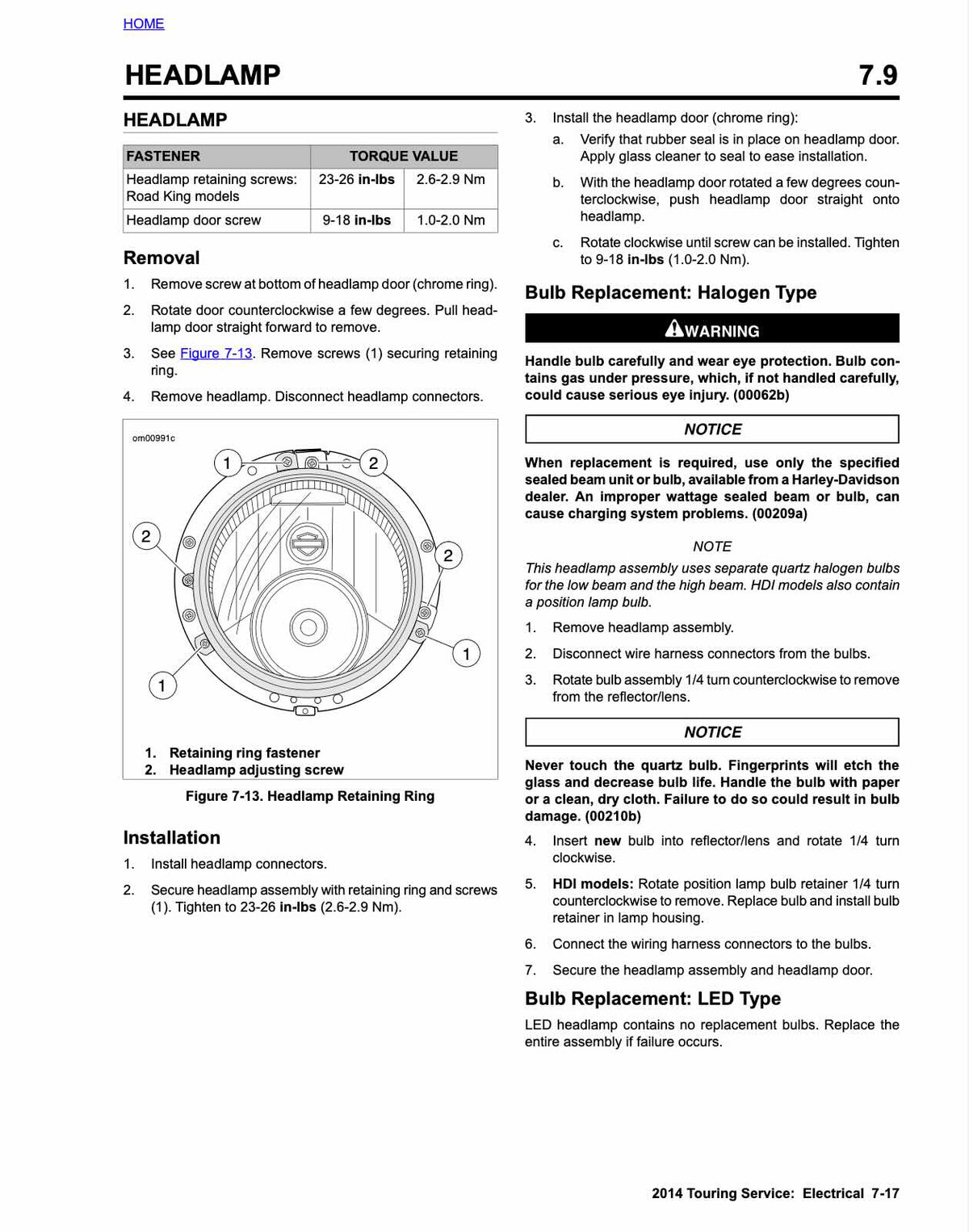 A technical service manual page for a headlamp, showing the part number HEADLAMP, installation and removal steps, torque values, and a cross-sectional diagram of the headlamp interior with labeled components.
