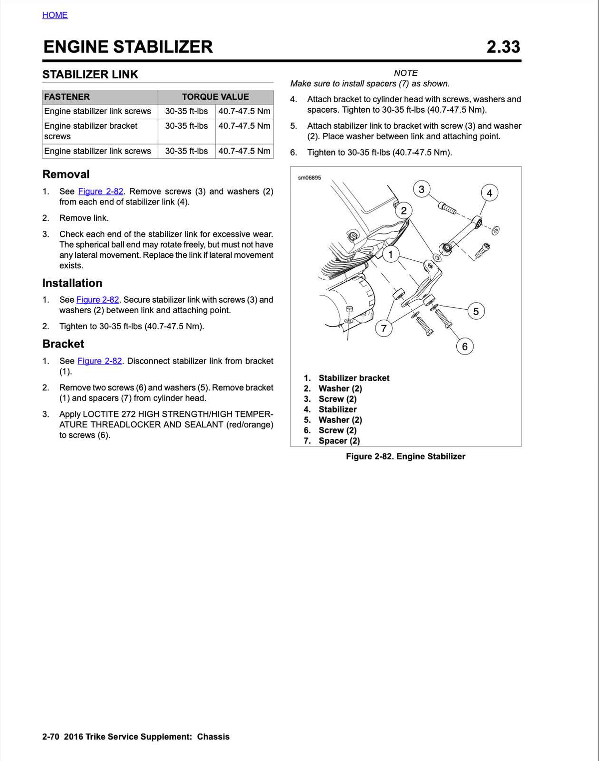 Harley-Davidson 2016 Trike service manual page 2-70 engine stabilizer section showing stabilizer link removal and installation, bracket attachment to cylinder head with screws and spacers, stabilizer link torque specifications 30-35 ft-lbs, Loctite 272 threadlocker application diagram