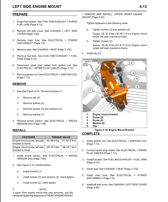 Technical diagram and instructions for removing and installing an upper front engine mount on a vehicle.