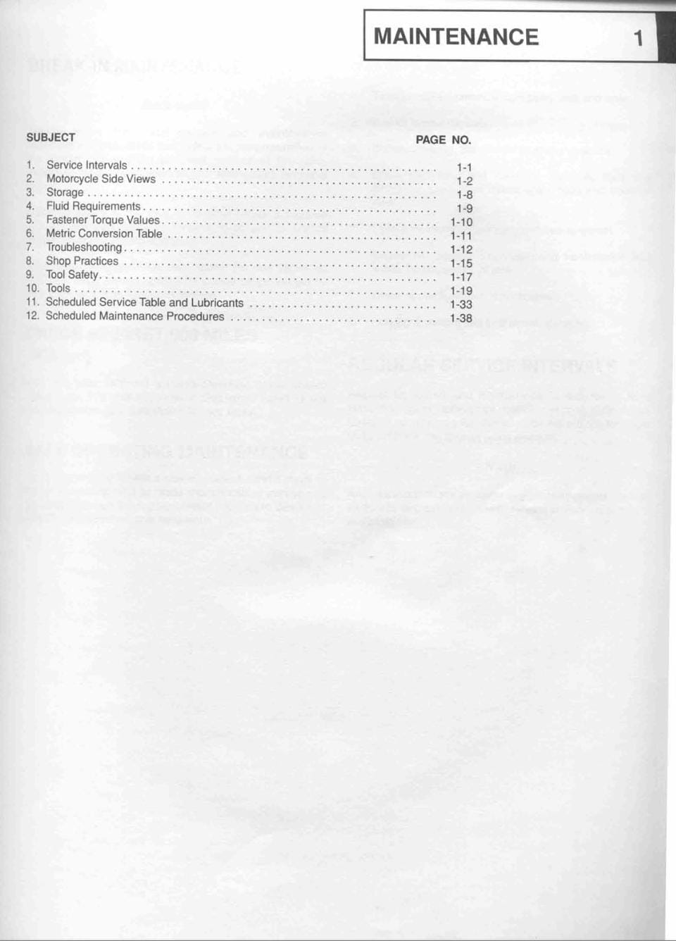Maintenance schedule document with subject and page number listings on a white background