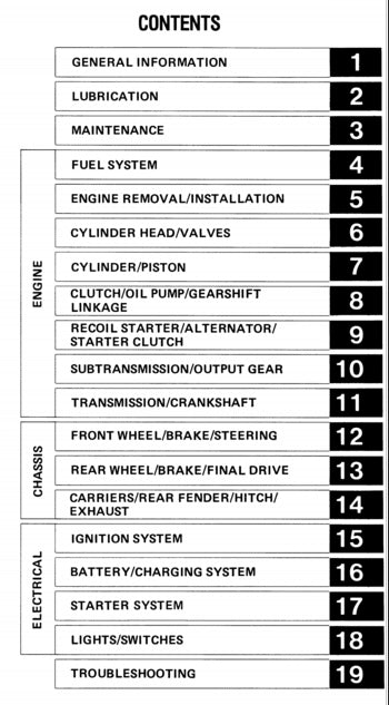 Table of contents for a mechanical manual on various engine and chassis topics.