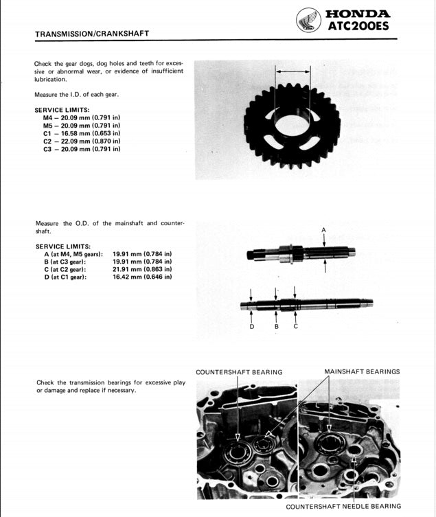 Technical diagram of Honda ATC200ES transmission/ crankshaft with measurements and illustrations.