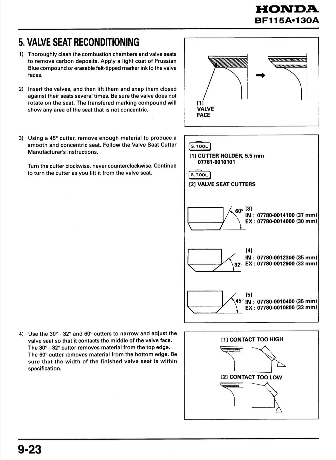 A black and white technical instruction sheet for Honda valve seat reconditioning, showing diagrams, measurements, and step-by-step instructions with part numbers and labels.