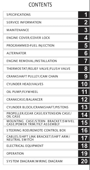 Table of contents for a technical manual with section titles.