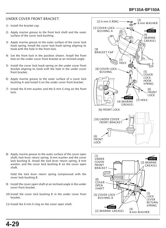 Technical diagram of a cover front bracket installation process with labeled parts and text.
